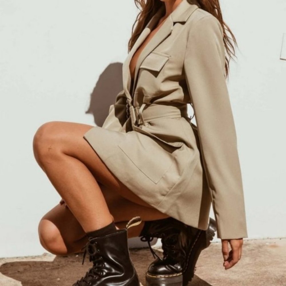 Princess Polly Lioness Olive Green Steinway Belted Mini Dress Jacket S